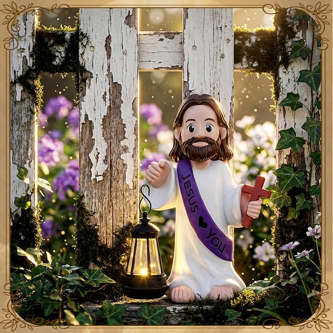 Capoda Solar Jesus Figurine 8 Inch, He is Risen Easter Statue with Glowing Lantern, Jesus Loves You Christian Resin Outdoor Garden Statue Decor, Religious Easter Gifts (Cross,Purple)