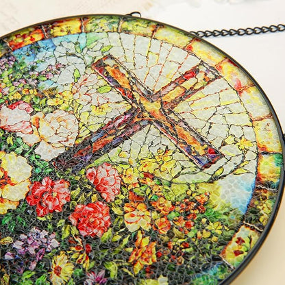 Stained Glass Window Hanging, 8inch Stained Glass Cross Suncatcher Christian Decor for Home Kitchen Office Garden Birthday Mother's Day Easter Religious Gifts for Women Grandma Grandparents