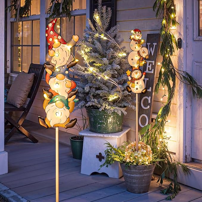 Homeimpro Solar Garden Lights Outdoor Yard Decorations Garden Gifts Gnomes Snowman Pathway Stake Lights with 18 LED Waterproof Lawn Outdoor Mothers Day Present for Mom Women (2Pack)