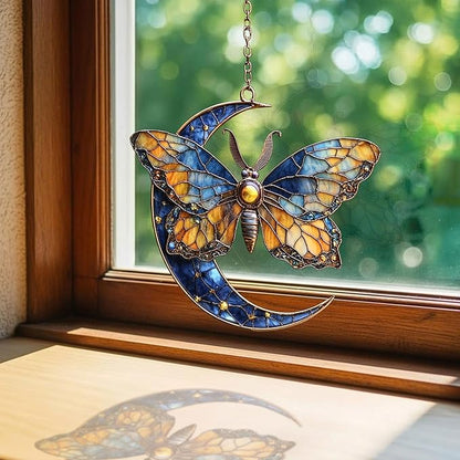 Vivid Tiffany Butterfly Moon Art Acrylic Suncatcher Stained Glass Effect Window Car Hanging Christmas Ornament Indoor Outdoor Decor Garden Sun Catcher Panel for Boho Lover for Women Mom Grandma