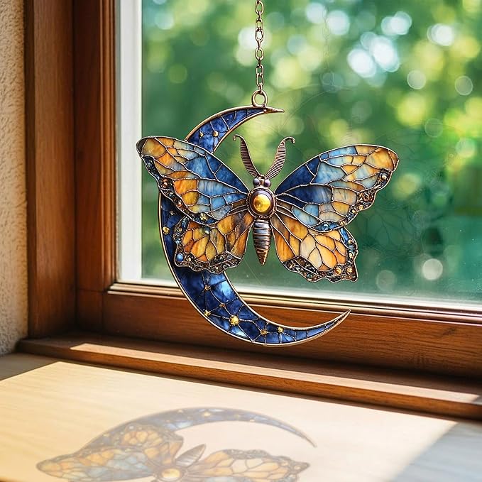 Vivid Tiffany Butterfly Moon Art Acrylic Suncatcher Stained Glass Effect Window Car Hanging Christmas Ornament Indoor Outdoor Decor Garden Sun Catcher Panel for Boho Lover for Women Mom Grandma