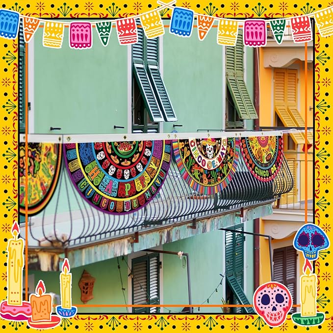 6 Pcs Cinco De Mayo Bunting Fan Flag Mexican Fiesta Half Fan Banners 1.5 x 3ft Donkey Hanging Flag Banner Tacos Cactus Bunting Decoration for Outdoor Indoor Garden Yard Party Decor(Mexican)