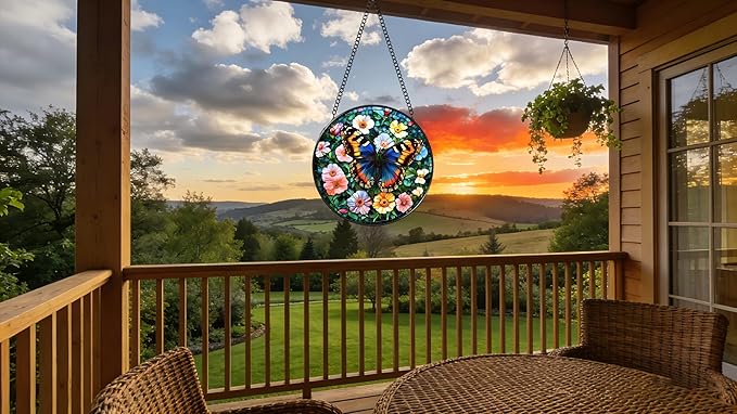 Stained Glass Window Hanging - A Beautiful Butterfly is Dancing in The Sea of Flowers 6.3 Inches Suncatcher for Garden Home Decor for Women Mon Grandma Friends