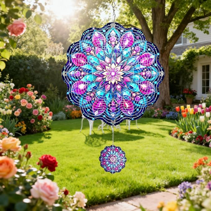 MXJSUA Kaleidoscope Wind Spinners for Indoor Outdoor Garden Decoration, 12 Inch Datura Stainless Steel Hanging Wind Spinners Ornaments Crafts for Gifts