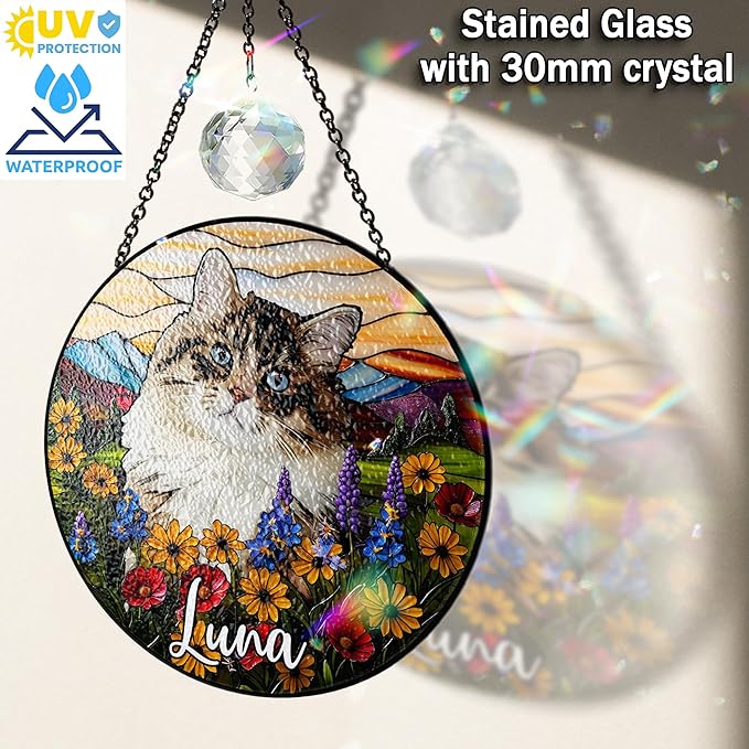 Personalized Pet Portrait Stained Glass Window Hanging, Sympathy Decoration Suncatcher for Loss of Dog & Cat Bereavement Gift from Photo, Memorial Keepsake for Dog Lover, Cat Mom Gift for Women