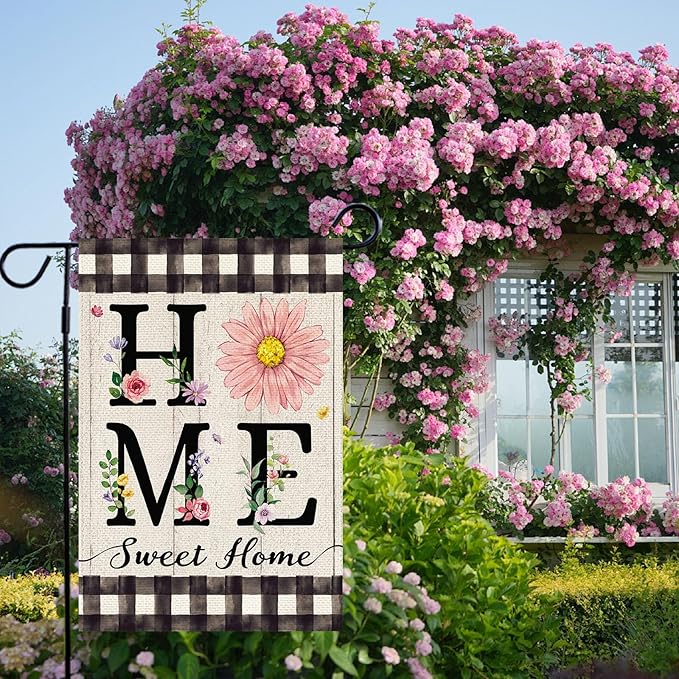 ORTIGIA Spring Summer Daisy Garden Flag Burlap Double Sided Home Sweet Home Floral Flower Small Flag Farmhouse Buffalo Plaid Floral Yard Lawn Patio Outside Outdoor Seasonal 12.5x18 Inch