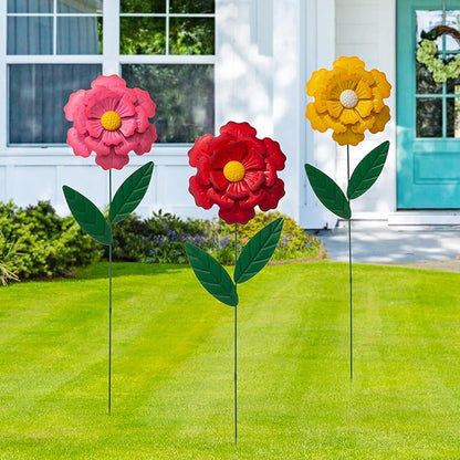 Glitzhome 3 Set Metal Flower Yard Stake, 39.5" Summer Outdoor Garden Stake Decoration Metal Flower Sticks for Lawn Yard Patio (2 Functions)