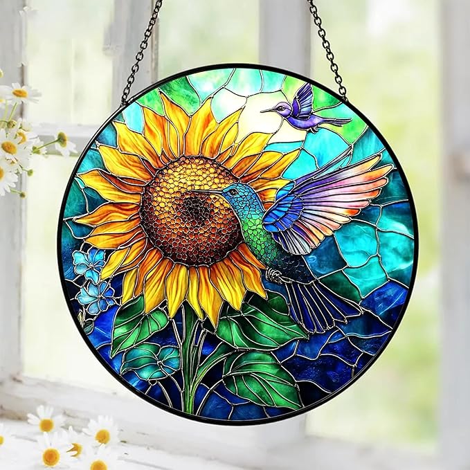 Hummingbird Stained Glass Suncatcher – Sunflower Window Decor, Memorial Hanging Ornament, Bird Lover Gift for Women Adults, Mom, Grandma, Friends, Christmas & Birthday Gifts, Mother’s Day Present