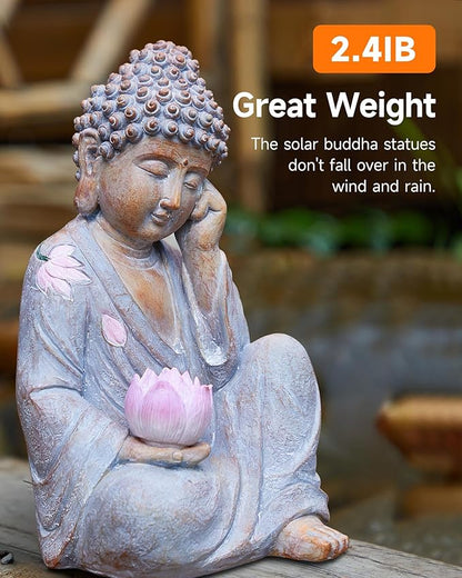 Buddha Statue Outdoor with Lotus Flower Light, IP65 Waterproof Solar Statue Lights, Outdoor Statues for Garden, Zen Decor for Garden, Home, Patio, Lawn