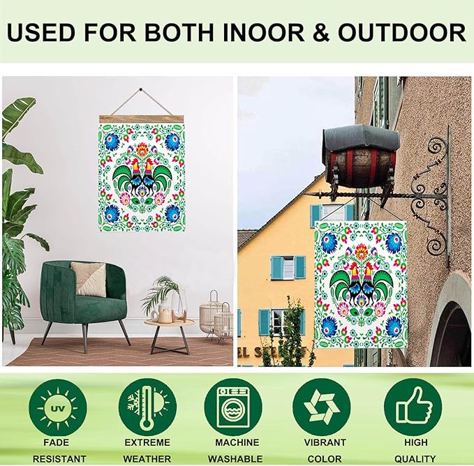 Mugod Rooster Garden Flag 12.5X18 Vertical Double Sided, Polish Floral Folk Art Colorful Flowers Leaves Yard Flag Burlap Banners for Seasonal Farmhouse Outside Decor