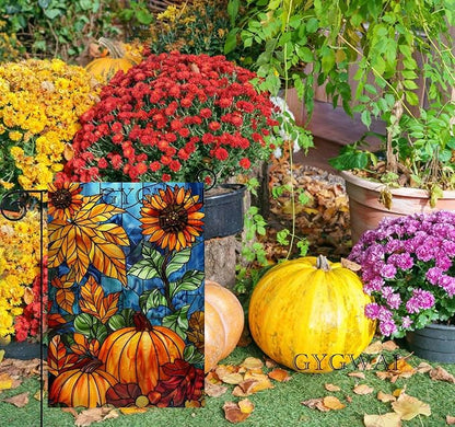 Fall Pumpkin Garden Flag for Outside 12x18 Inch Double Sided Stained Glass Burlap Autumn Thanksgiving Yard Flags for Farmhouse Rustic Holiday Decorations