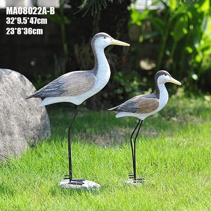 Garden Statues 2PCS Wooden Seabird Standing Bird Mediterranean Style Retro Hand-Carved Bird Statue Desktop Ornament Indoor Decoration Yard Ornaments Decor