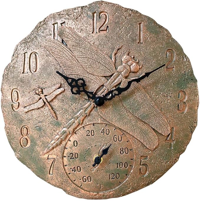 Lily's Home Hanging Wall Clock, Includes a Thermometer, Ideal for Indoor and Outdoor Use, Wonderful Housewarming Gift for Friends, Polyresin