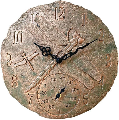Lily's Home Hanging Wall Clock, Includes a Thermometer, Ideal for Indoor and Outdoor Use, Wonderful Housewarming Gift for Friends, Polyresin