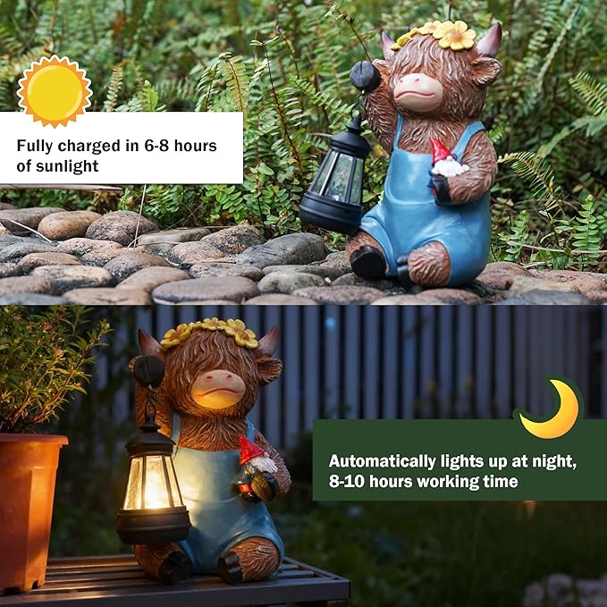 Solar Highland Cow Gnomes Garden Decorative Statue - Resin Solar Lights Cows Figurine Yard Outdoor Decor with Detachable Lantern, Animal Figurines Balcony Ornaments, for Women/Mom