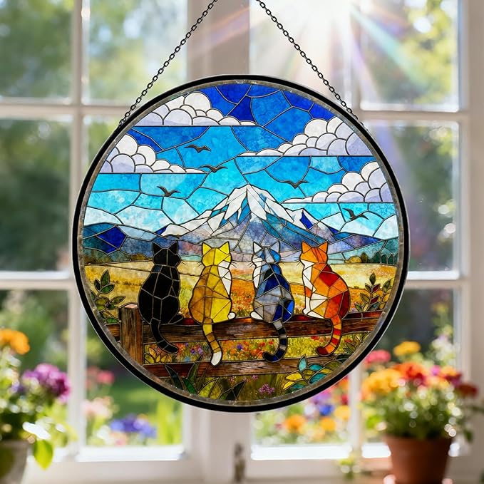 Cats Stained Glass Window Hanging - 4 Cats on a Fence Suncatcher for Window Doors Home Decor - Blue Sky Mountain Sun Catchers - Christmas Mother's Day Birthday Gifts for Mom Women Men, 7.9in