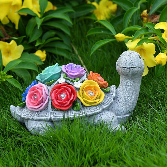 Solar Garden Decor Turtle with Rose and 7 LED Lights - Outdoor Decor Tortoise Statue for Patio, Balcony, Yard Ornament, Unique Gifts for Mom.