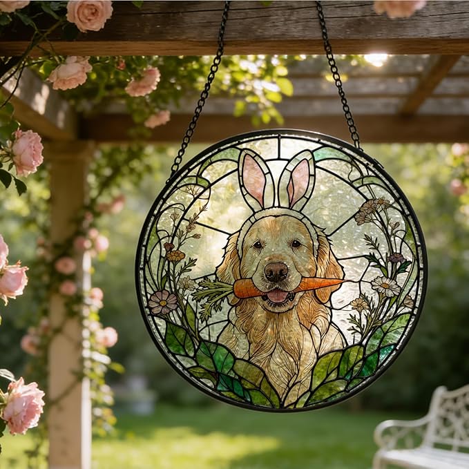 Easter Carrot Golden Retriever Stained Glass Window Hanging, Spring Flower Bunny Ear Dog Suncatcher Indoor Window Glass Round Wall Art Decor, 7.9x7.9 Inch