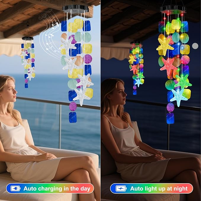 (New) Solar Wind Chime for Outside, Solar Hanging Wind Chime Lights for Holiday Garden Yard Window, Shell Lights Gift for Grandma Mom Women Wife Grils - Multicolor