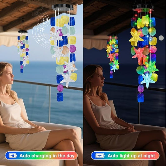 Solar Starfish Wind Chimes for Outside Mobile Shells Wind Chimes Hanging Decorative Lights for Holiday Garden Porch Yard Window Party Outdoor Decor, Gift for Mom Grandma Wife Girlfriend Neighbors