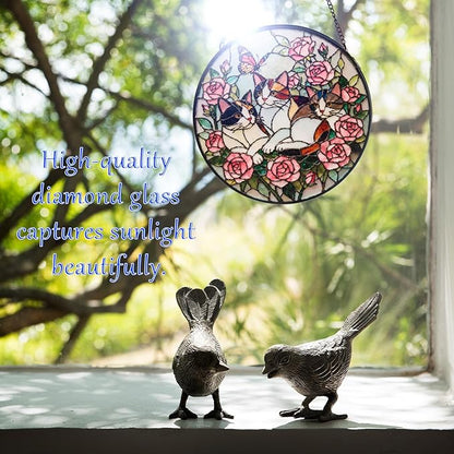 Double Sided Stained Glass Window Hanging, 7.9" Sun Catcher Panel, Green Plant Wall Art for Home & Garden, Unique Gift for Women & Men (Cats in Roses, 7.9 Inch)