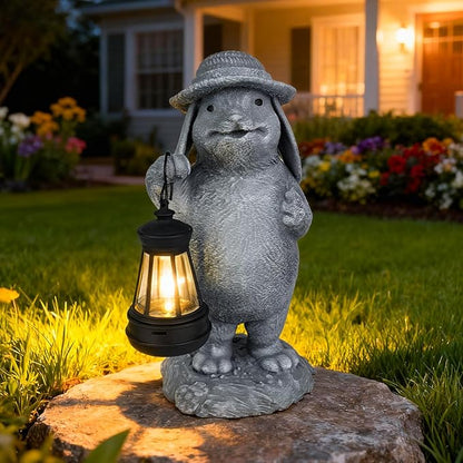 Solar Rabbit Garden Statue with Hanging Lantern - Funny Outdoor Bunny Figurine Easter Decor- Waterproof Resin Sculpture for Yard, Patio, Pathway - Easter Decorations & Birthday Gifts for Mom, Grandma