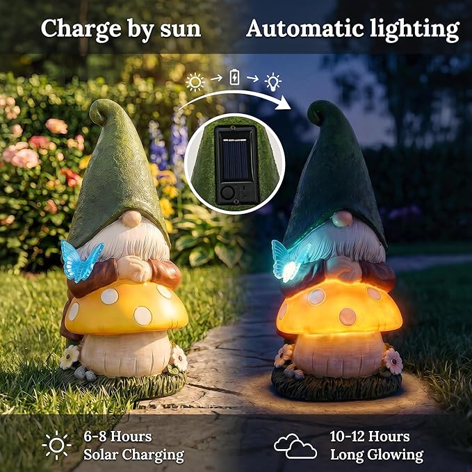 MXwcy Solar Garden Gnomes Statues, 9.06" Resin Gnomes Mushroom Butterfly Garden Decor, Solar Lights Outdoor Waterproof LED Gnomes Decorations for Yard Patio Lawn, Gnome Gifts for Women Mom Grandma