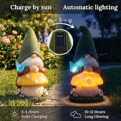MXwcy Solar Garden Gnomes Statues, 9.06" Resin Gnomes Mushroom Butterfly Garden Decor, Solar Lights Outdoor Waterproof LED Gnomes Decorations for Yard Patio Lawn, Gnome Gifts for Women Mom Grandma