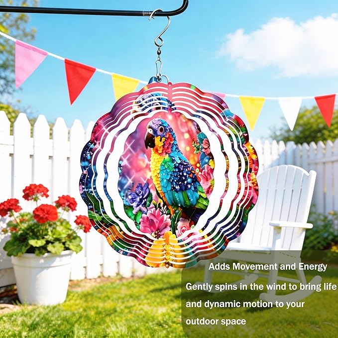Wind Spinners Colorful Parrot Floral Art 9.8 x 9.8 Inch Metal Wind Spinner Outdoor Garden Decor Vibrant Tropical Bird Illustration Decorative Wind Spinners for Yard Patio
