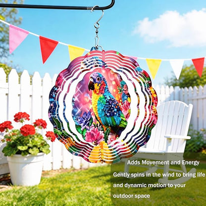 Wind Spinners Colorful Parrot Floral Art 9.8 x 9.8 Inch Metal Wind Spinner Outdoor Garden Decor Vibrant Tropical Bird Illustration Decorative Wind Spinners for Yard Patio