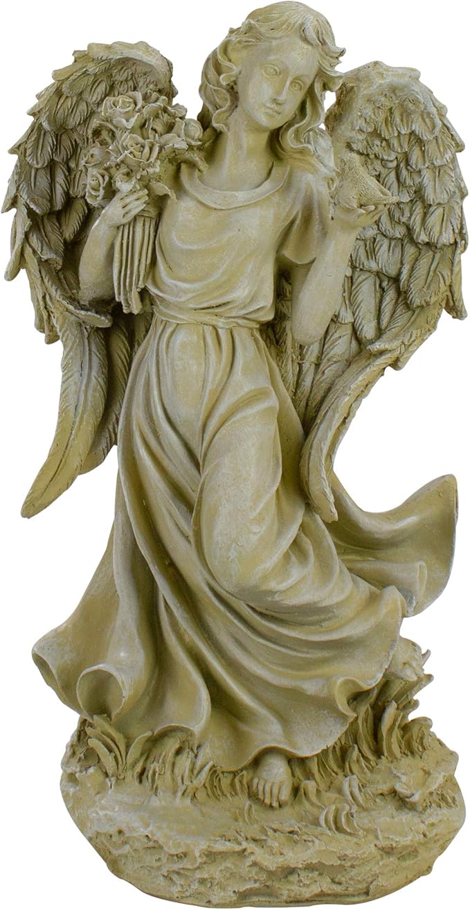 Northlight 18" Heavenly Gardens Distressed Almond Brown Angel with Bird and Bouquet Outdoor Patio Garden Statue