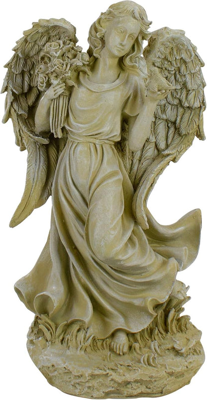 Northlight 18" Heavenly Gardens Distressed Almond Brown Angel with Bird and Bouquet Outdoor Patio Garden Statue