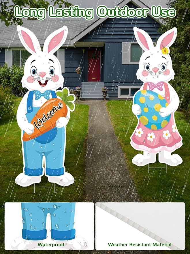2Pcs Easter Yard Signs 32.28x12.4 Inch Large Bunny Lawn Decorations with Stakes for Egg Hunt Photography, Easter Outdoor, Garden, Lawn Party Waterproof Decorations