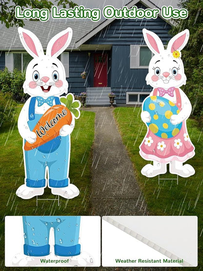2Pcs Easter Yard Signs 32.28x12.4 Inch Large Bunny Lawn Decorations with Stakes for Egg Hunt Photography, Easter Outdoor, Garden, Lawn Party Waterproof Decorations