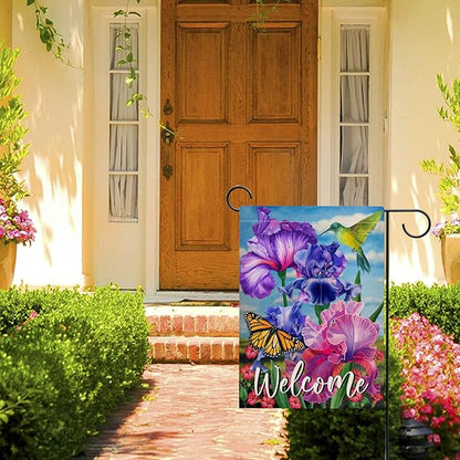 Hzppyz Welcome Spring Hummingbird Iris Garden Flag Double Sided, Purple Flower Bird Yellow Butterfly Decorative House Yard Outdoor Small Decor, Summer Floral Arrangement Home Outside Decoration 12x18