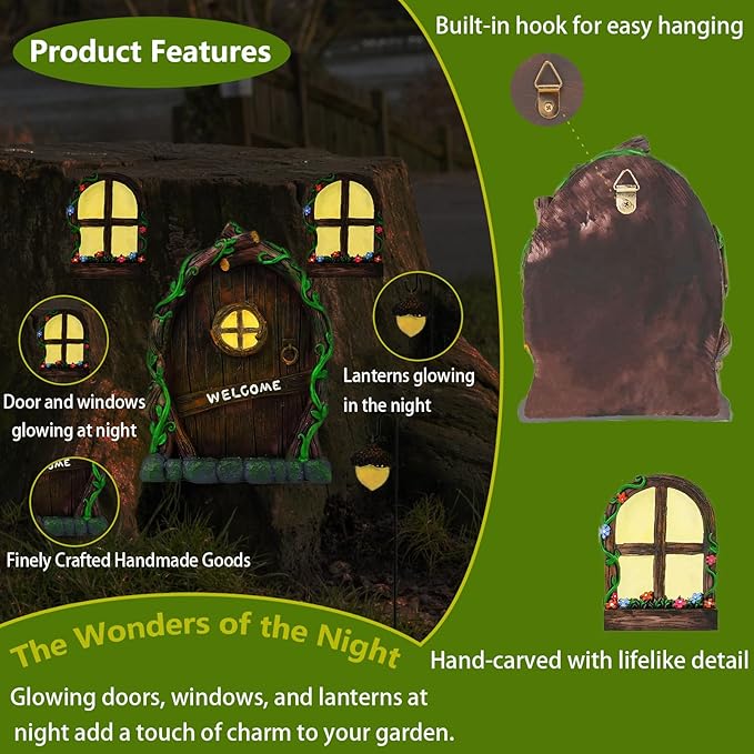 Fairy Door and Windows for Trees Outdoor, Glow in The Dark Fairy Doors Miniature Fairy Garden Accessories, Yard Art Sculpture Decoration Fairy Garden Decor with Lantern for Outside, Patio