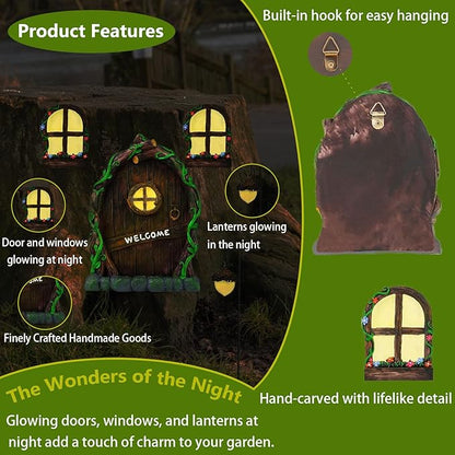 Fairy Door and Windows for Trees Outdoor, Glow in The Dark Fairy Doors Miniature Fairy Garden Accessories, Yard Art Sculpture Decoration Fairy Garden Decor with Lantern for Outside, Patio
