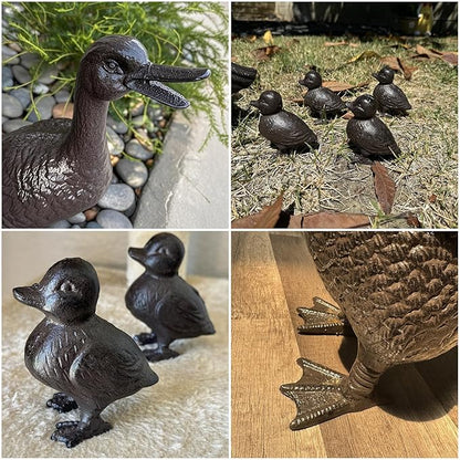 Vintage Cast Iron Duck Family Garden Statue, Rust Brown Mother Duck (15.7" Tall) with 4 Ducklings (3.6" Tall), Outdoor Decorative Sculpture Set for Yard Patio HC5387-6905