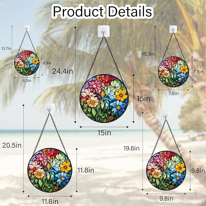 Stained Glass Window Hanging Colorful Flowers and Green Plants 6.3" - Suncatcher Door Garden Sun Catcher Home Decor Birthday Christmas for Mom Men Woman Nana Friend