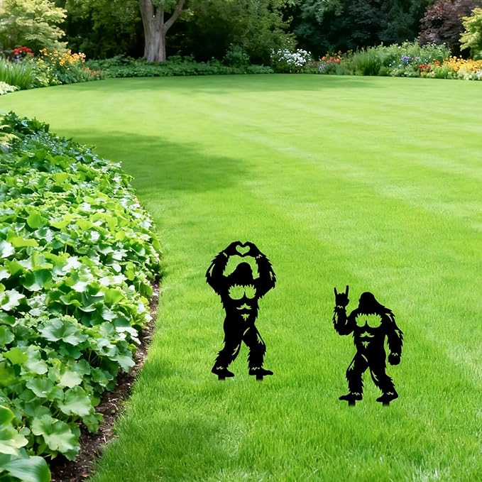 GLOBLELAND 2pcs Savage Mental Garden Stakes Black Silhouette Sasquatch Decorative Yard Stakes Trees Metal Outdoor Art Decor for Yard Patio Lawn Walkway Ornament