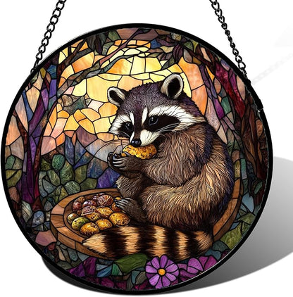 Stained Glass Window Hanging Brown Raccoon Forest Scenery 6.3" - Suncatcher Door Garden Sunroom Sun Catcher Home Decor Birthday Christmas for Mom Men Woman Nana