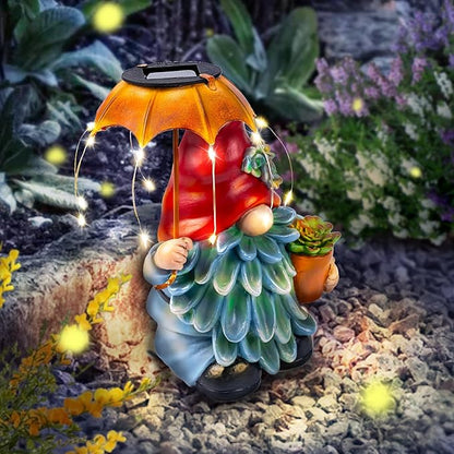 Solar Outdoor Statues Gnome Garden Decor, Garden Gnome with Solar LED Umbrella Decorative for Patio, Balcony, Lawn, Yard Ornament - Christmas Gardening Gifts for Mom Grandma