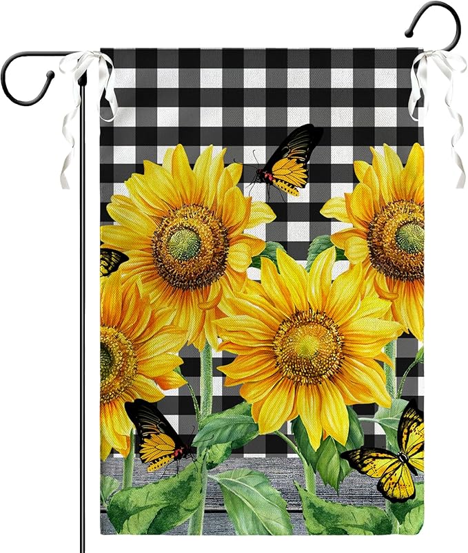 Sunflower Garden Flags Double Sided Black and White Check Garden Flag 12 x 18 In Yellow Summer Flowers Yard Flags for Outdoor Decorations Farmhouse Seasonal Flag for Lawn Outside
