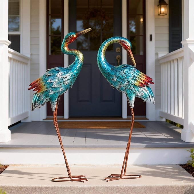 Natelf Crane Statues for Garden Decor, Blue Heron Sculptures, Metal Large Birds Lawn Sculptures & Statue for Patio Pond, Yard Decorations, Set of 2