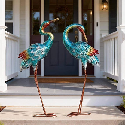 Natelf Crane Statues for Garden Decor, Blue Heron Sculptures, Metal Large Birds Lawn Sculptures & Statue for Patio Pond, Yard Decorations, Set of 2