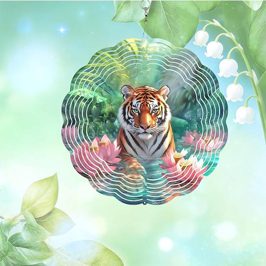 10x10 Inch Wind Spinner Outdoor Hanging Tiger Lotus Pond Metal Kinetic Spiral Ornament for Yard Garden Patio Porch Balcony Tree Window Decor Gift