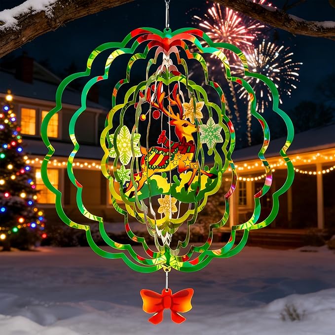 Stainless Steel 3D Deer Wind Spinner Garden Yard Patio Porch Decor, Birthday Gifts for Women Mom Grandma, 12 Inch Hanging Wind Spinners Outdoor & Indoor Decoration
