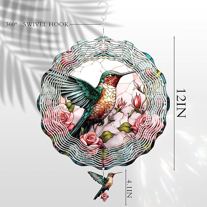 Hummingbird Hanging Wind Spinner - 3D Birds Metal Spinning Decor for Outdoor Garden Indoor Window Balcony 12 Inch Yard Art Ornaments Women Gifts for Mom Wife Grandma Christmas Decoration