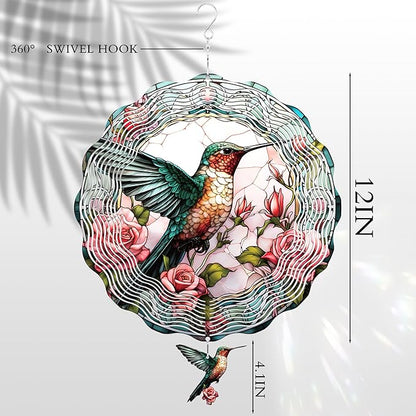 Hummingbird Hanging Wind Spinner - 3D Birds Metal Spinning Decor for Outdoor Garden Indoor Window Balcony 12 Inch Yard Art Ornaments Women Gifts for Mom Wife Grandma Christmas Decoration