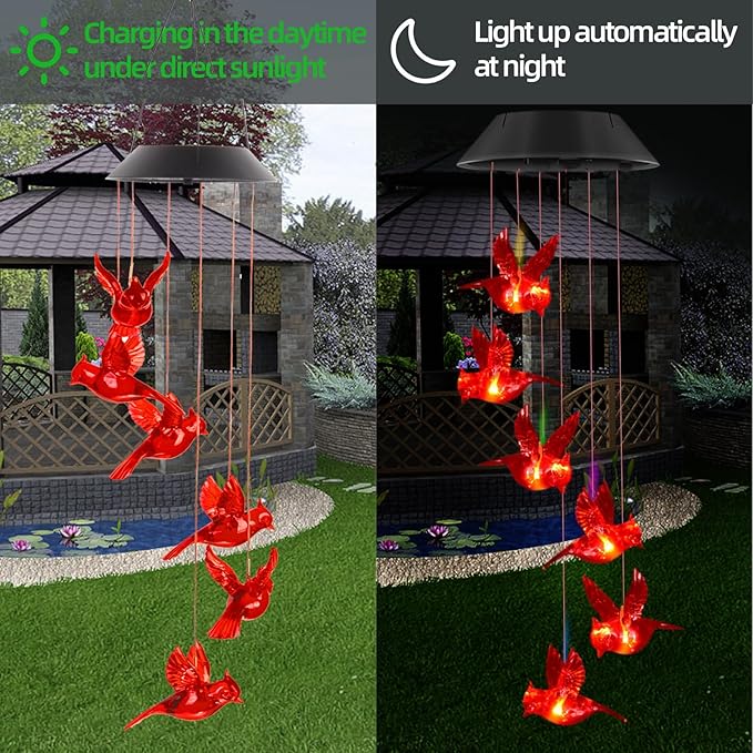 Cardinal Solar Wind Chimes for Outside, Cardinal Solar Hanging Lights Outdoor Wind Chime for Garden Patio Decor, Unique Gifts for Mother Mom Grandma Women Birthday